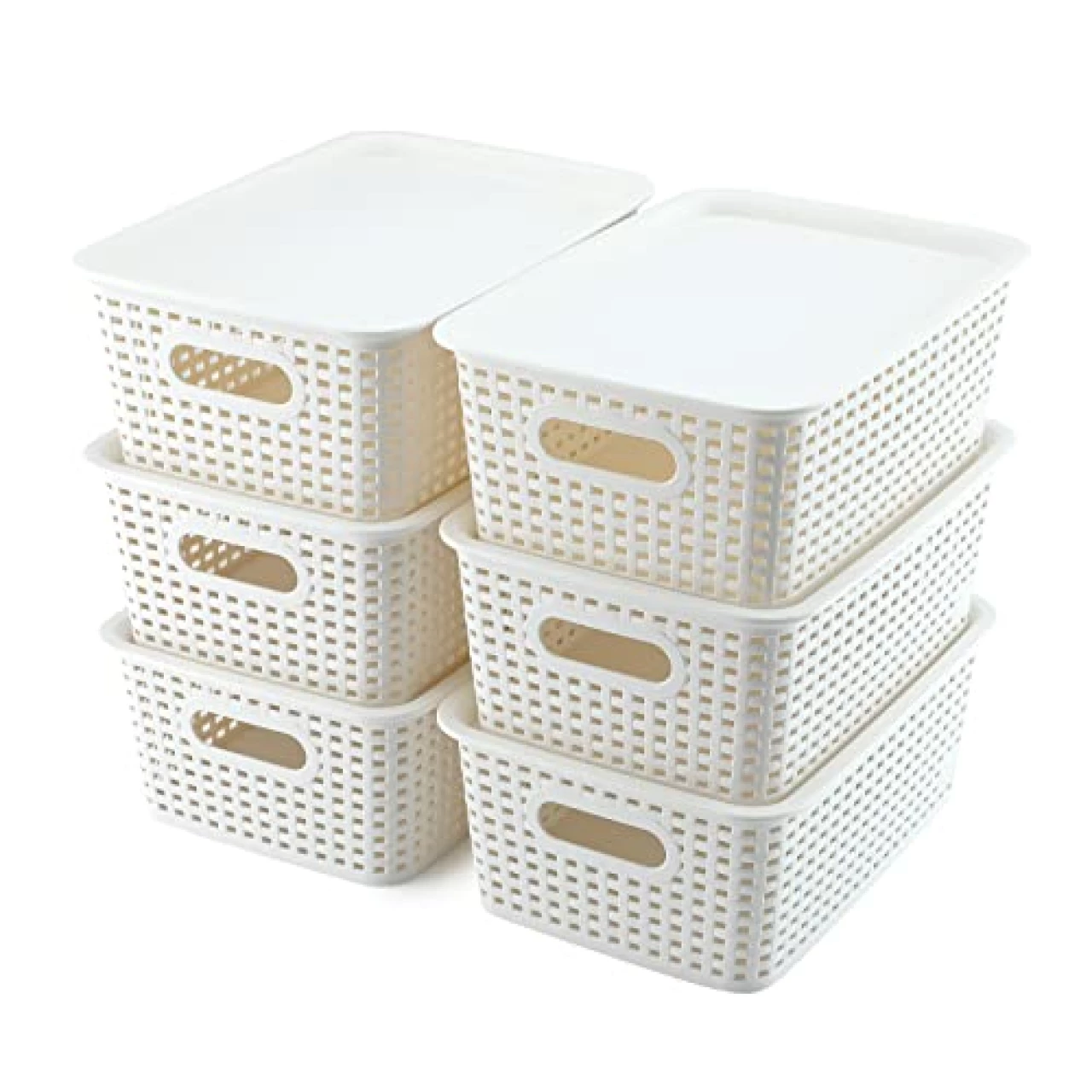 AREYZIN Plastic Storage Baskets With Lid Organizing Container Lidded Knit Storage Organizer Bins for Shelves Drawers Desktop Closet Playroom Classroom Office, White, 6 Pack