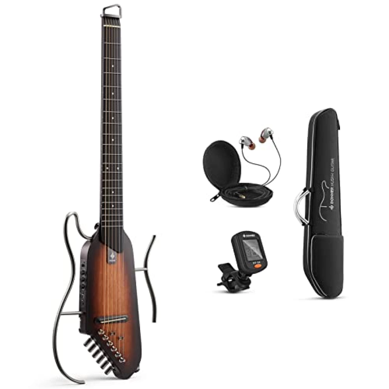 Donner HUSH-I Guitar For Travel - Portable Ultra-Light and Quiet Performance Headless Acoustic-Electric Guitar, Mahogany Body with Removable Frames, Gig Bag, and Accessories Natural