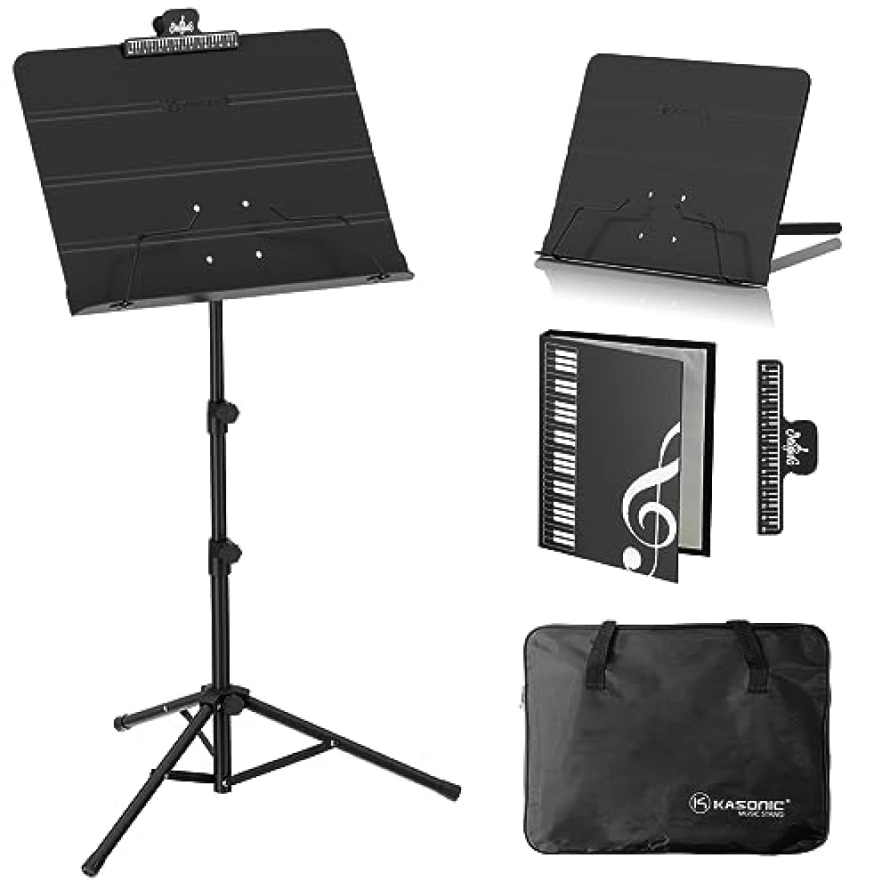Kasonic Dual-Use Folding Sheet Music Stand &amp; Desktop Book Stand with Portable Carrying Bag, Sheet Music Folder &amp; Clip Holder (Black)