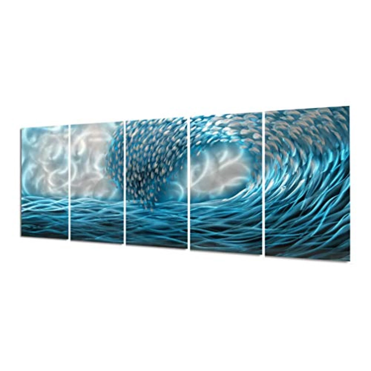 Yihui Arts Hand Crafted Blue Sea Wave 3D Metal Wall Art - Coastal 5 Panel Aluminum Sculpture