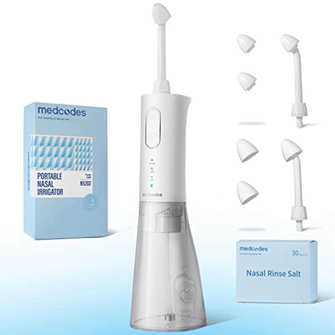 medcodes Cordless Nasal Irrigation System with 30 Saline Packets - Portable Nasal Rinse Irrigator for Sinus Relief, 3 Pressures Nose Cleaner Machine for Travel and Home, 300ML Large Tank