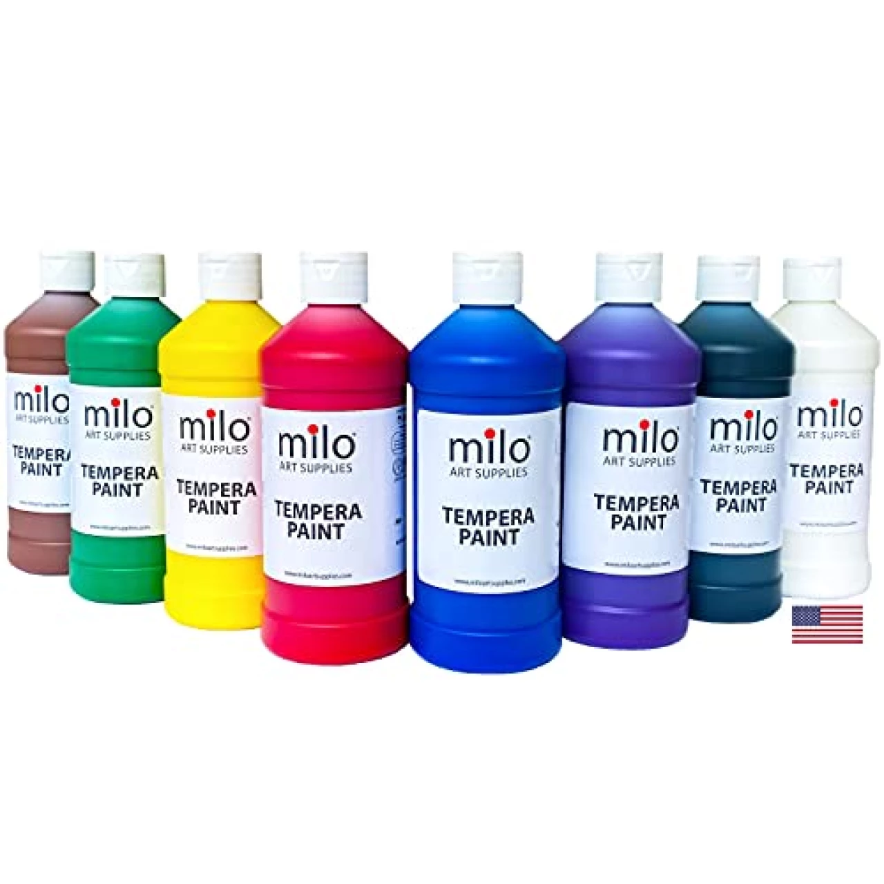 milo Tempera Paint Set of 8 Colors | 16 oz Bottles | Made in the USA | Washable and Non-Toxic Art &amp; Craft Poster Primary Finger Paints for Artists, Kids, &amp; Hobby Painters