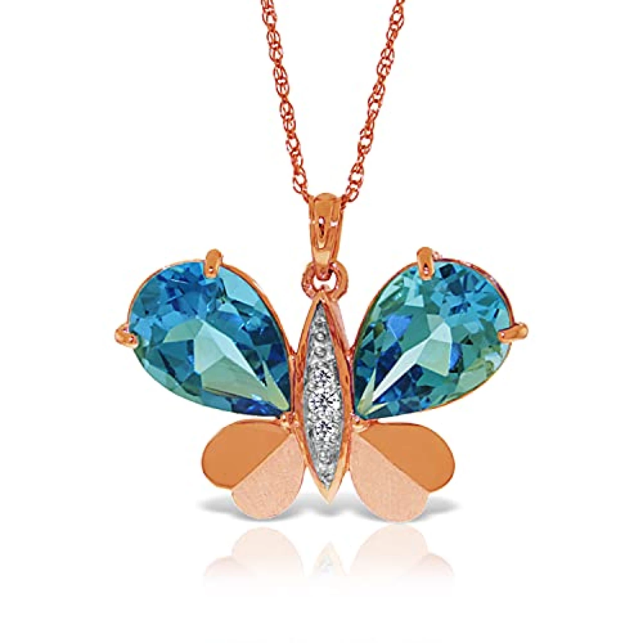 Galaxy Gold GG 9.1 CT. 14k 24&quot; Rose Gold Butterfly Necklace with Natural Diamonds and Blue Topaz