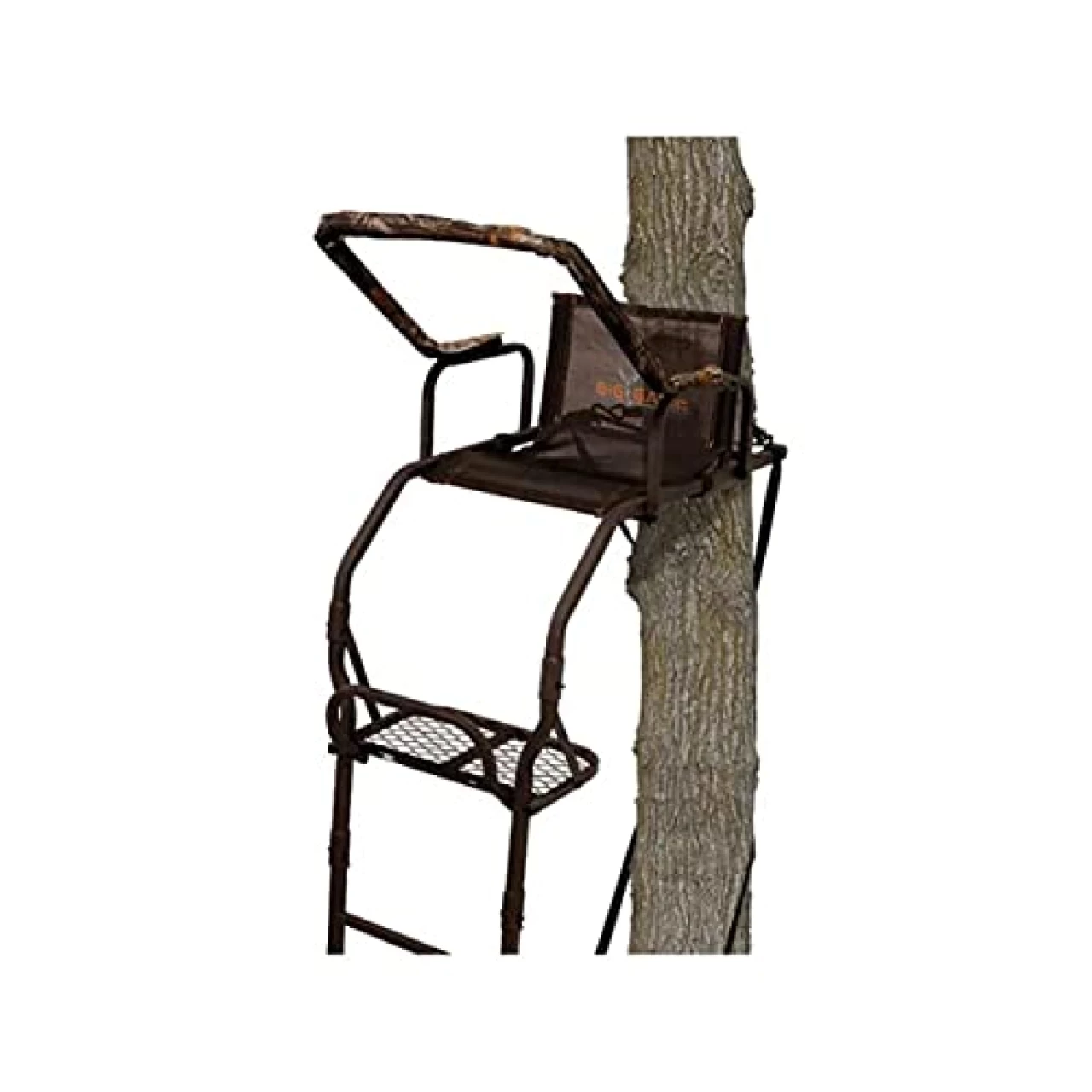 BIG GAME Treestands Warrior DXT Ladderstand,17 Foot Steel Outdoor Hunting Stand with Flip Back Footrest and Padded Seat, and Padded Shooting Rail