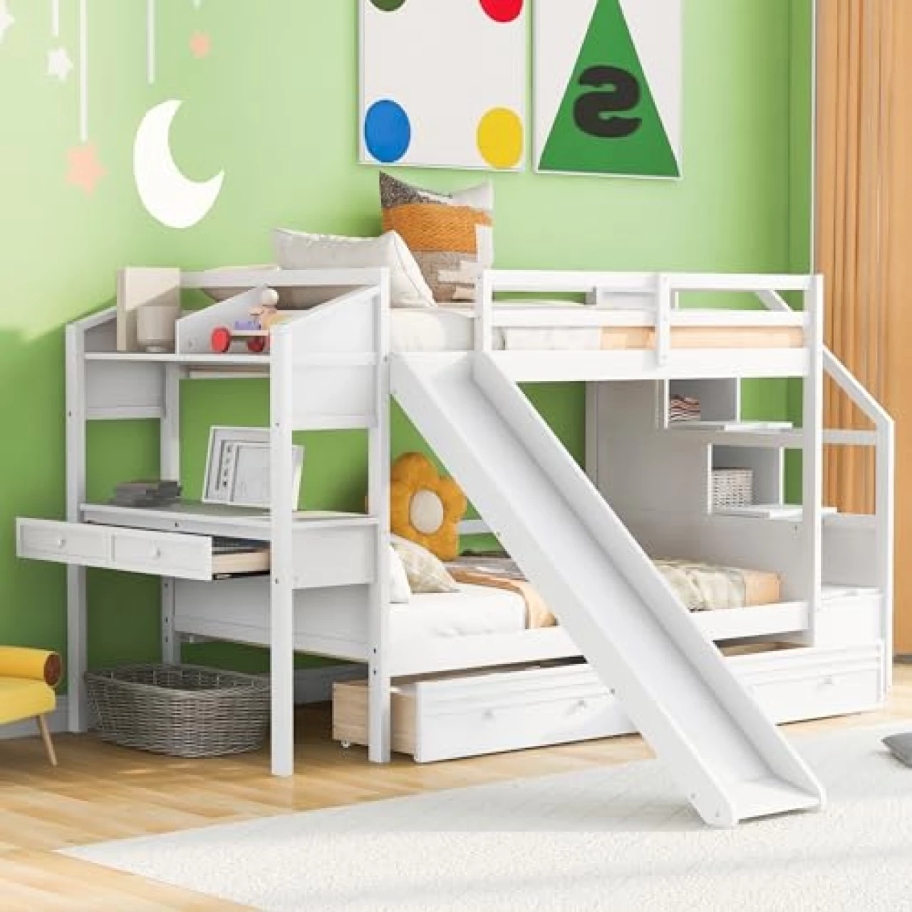RORIGAT Twin Over Twin Bunk Bed with Desk for Kids, Bunk Bed with Slide and Drawers, Kids Bunk Bed with Storage Staircase and Shelves, Wood Bunk Bed Frame, White