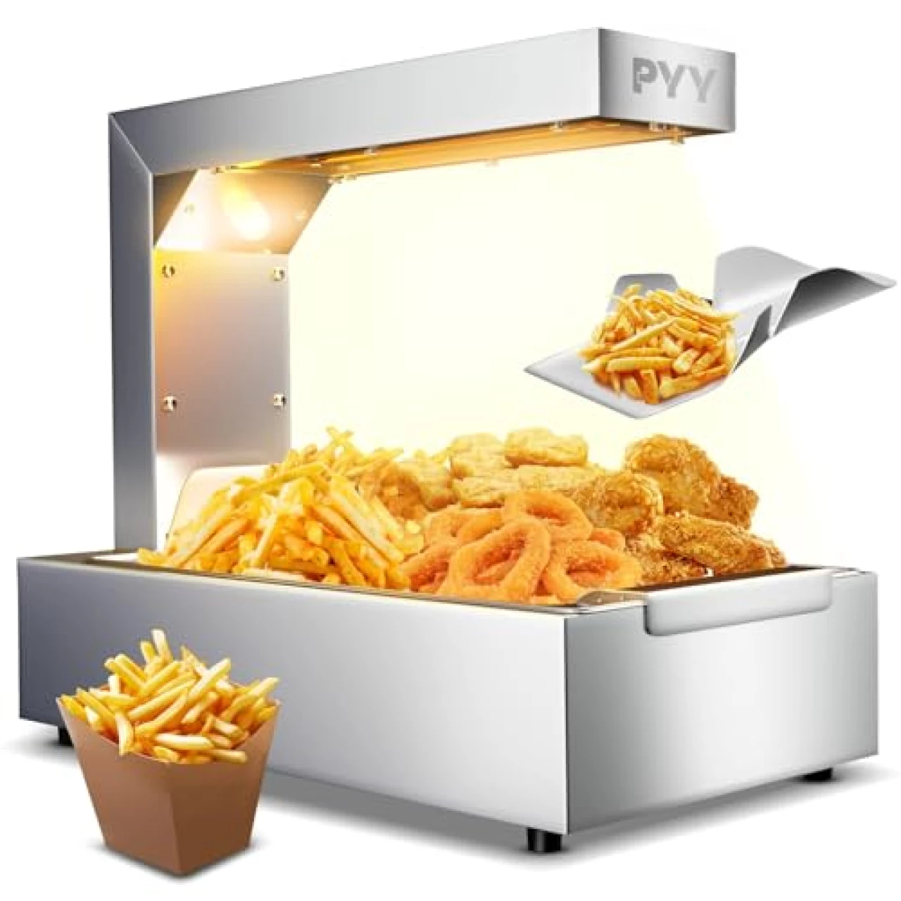 PYY French Fry Warmer Commercial Food Heat Lamp/Food Warmer Light, Free-Standing Warming Dump Station Countertop Fries Food Warmer for Chips Churros Buffet Kitchen Restaurants 600W (Silver)