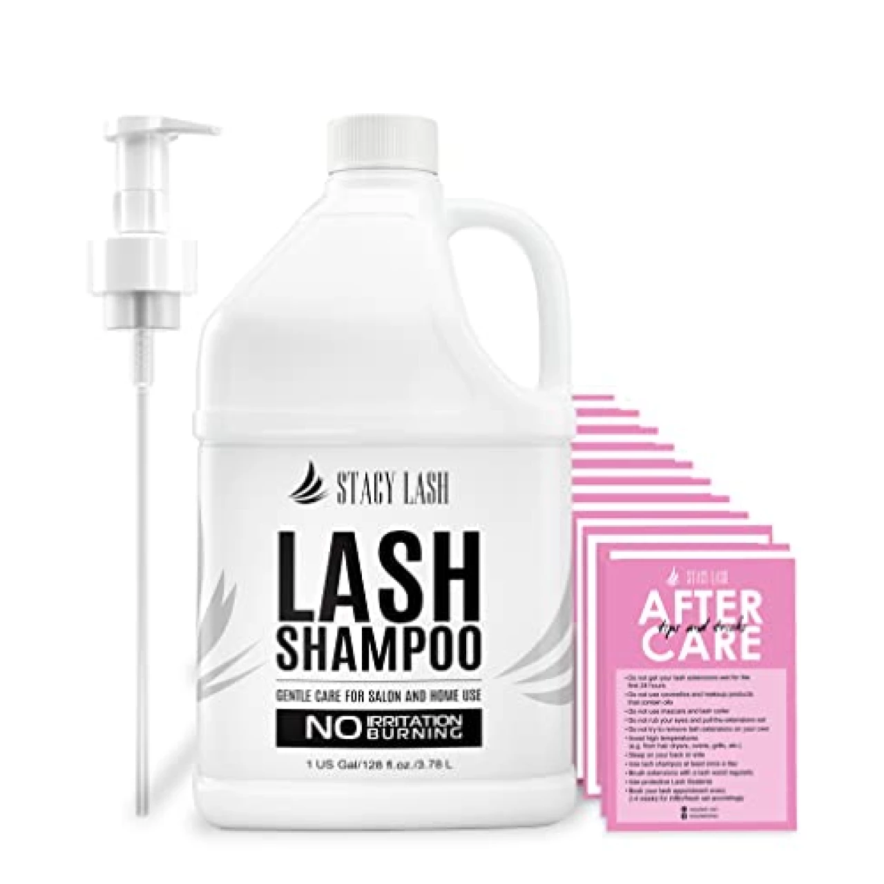 STACY LASH Eyelash Extension Shampoo 1US Gal / 128 fl.oz. / 3.78L / Eyelid Foaming Cleanser/Safe Wash for Extensions &amp; Natural Lashes/Supplies for Professional &amp; Home Use / 50 Aftercare Cards