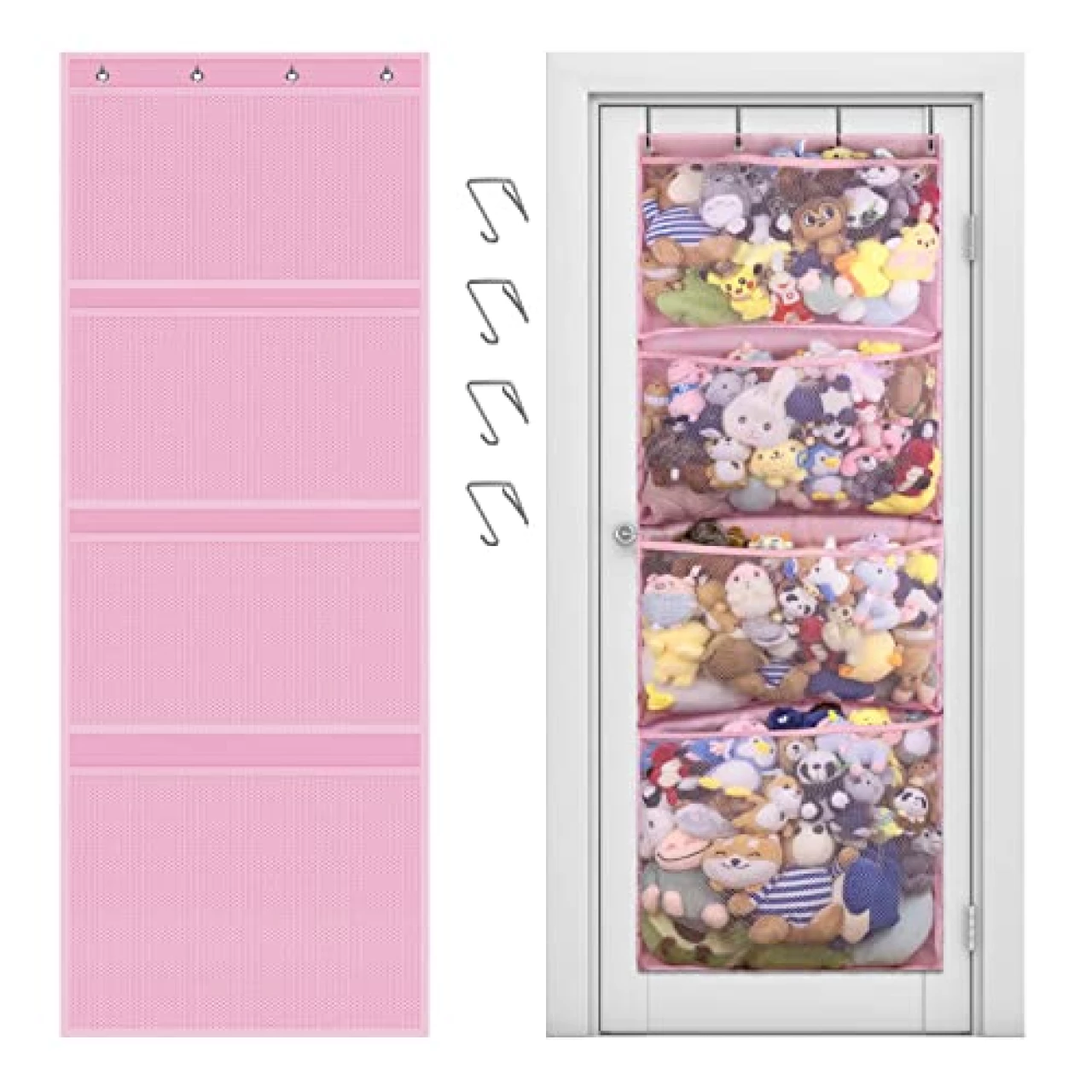 Stuffed Animal Storage, Over The Door Organizer Storage for Closet, Baby, Plush Toy, Stuffed Animal Holder with 4 Large Pockets, Hanging Door Organizer for Nursery, Bedroom, Bathroom, Kids Room (Pink)