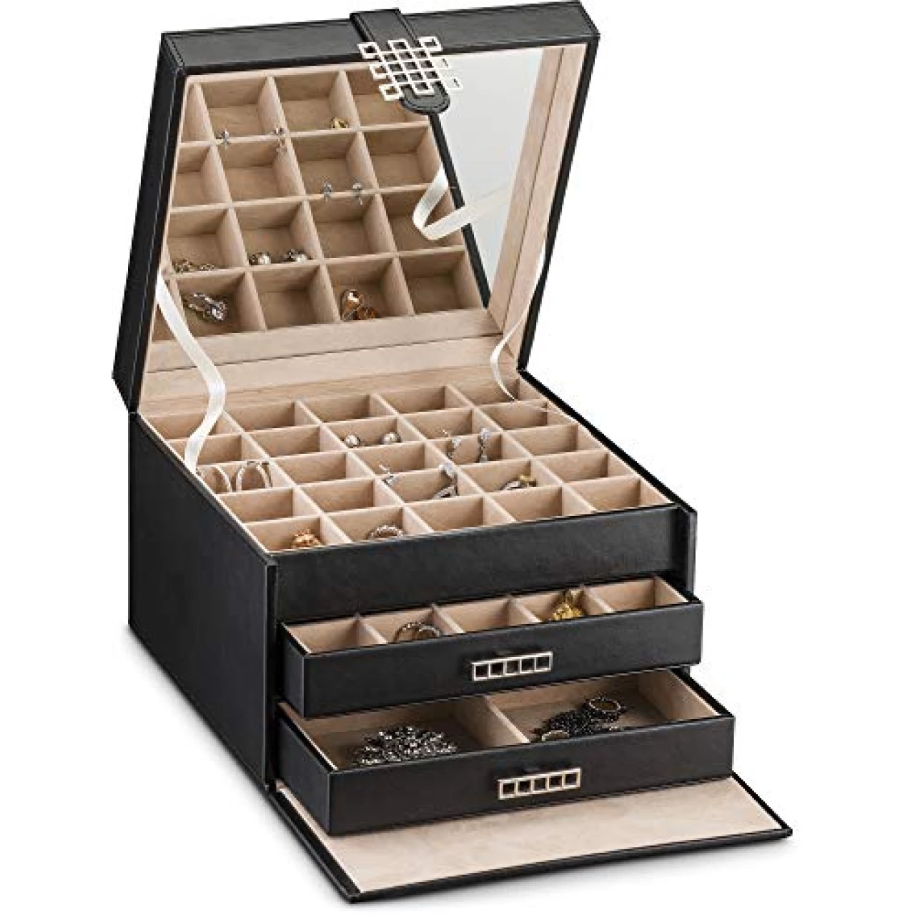 Glenor Co Earring Organizer Holder - 50 Small &amp; 4 Large Slots Classic Jewelry box with Drawer &amp; Modern Closure, Mirror, 3 Trays for Earrings, Ring or Chain Storage - PU Leather Case - Black