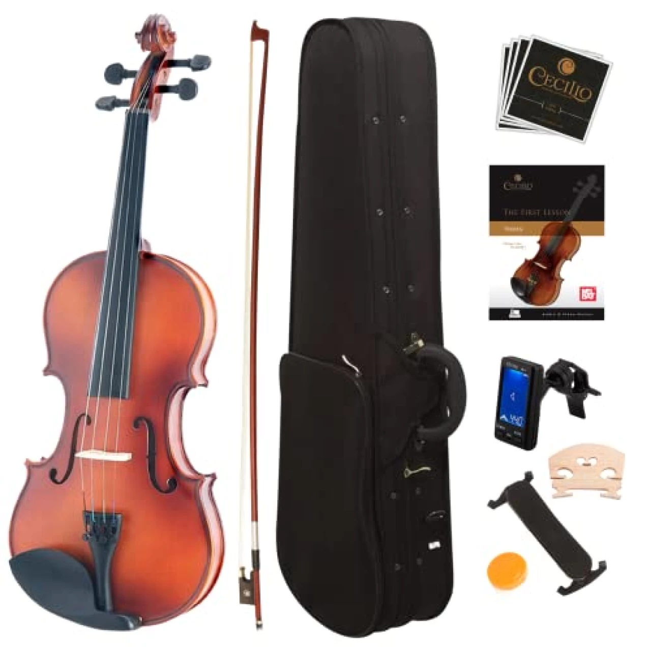 Mendini By Cecilio Violin For Kids &amp; Adults - 4/4 MV300 Satin Antique, Student or Beginners Kit w/Case, Bow, Extra Strings, Tuner, Lesson Book - Stringed Musical Instruments
