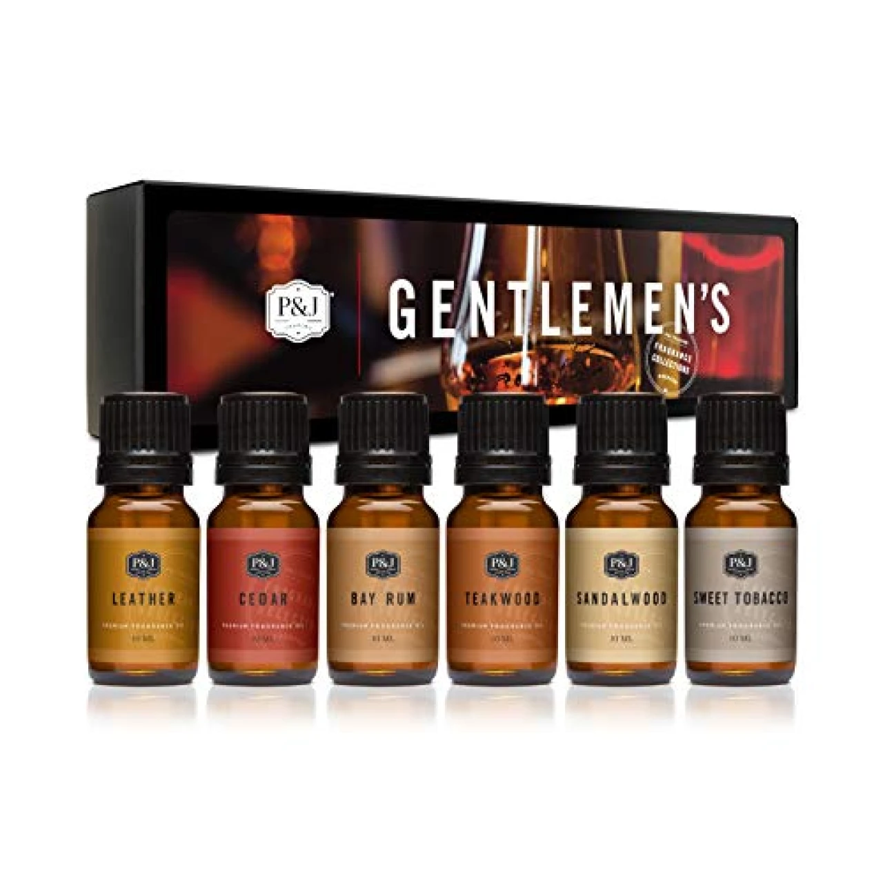 P&amp;J Fragrance Oil Gentlemen&rsquo;s Set | Leather, Sweet Tobacco, Teakwood, Bay Rum, Cedar, Sandalwood Candle Scents for Candle Making, Freshie Scents, Soap Making Supplies, Diffuser Oil Scents