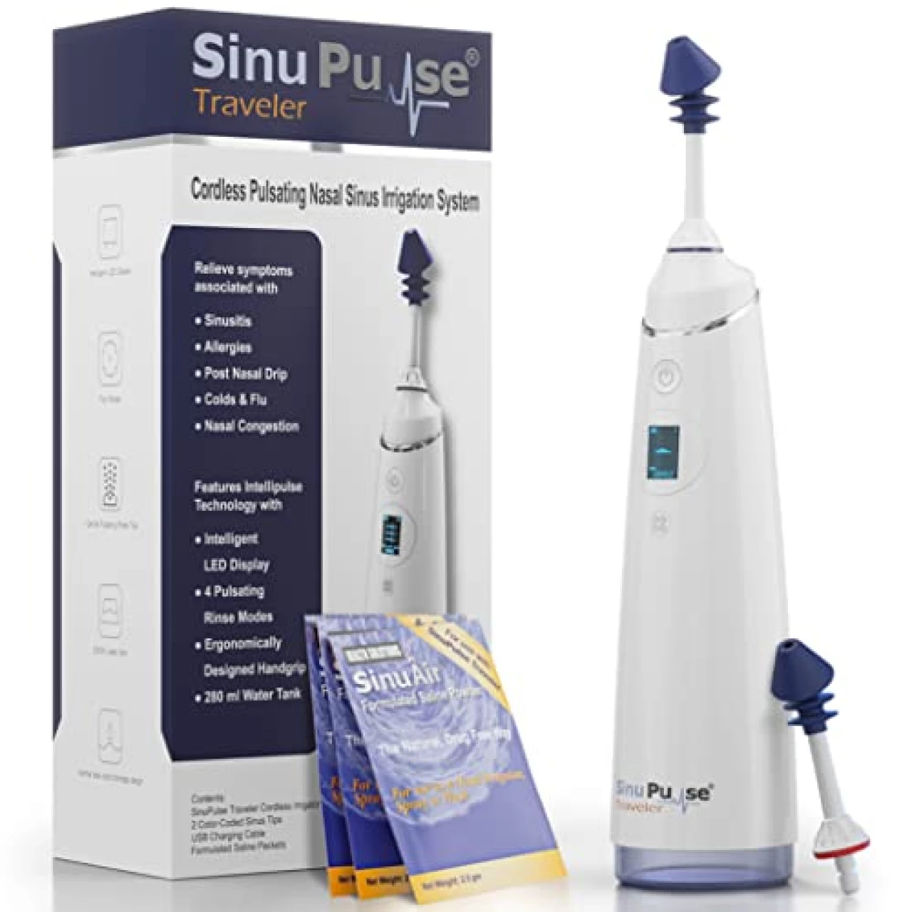 SinuPulse Traveler with 30 Sinuair Packets - Cordless Pulsating Nasal Irrigation Sinus Rinse System