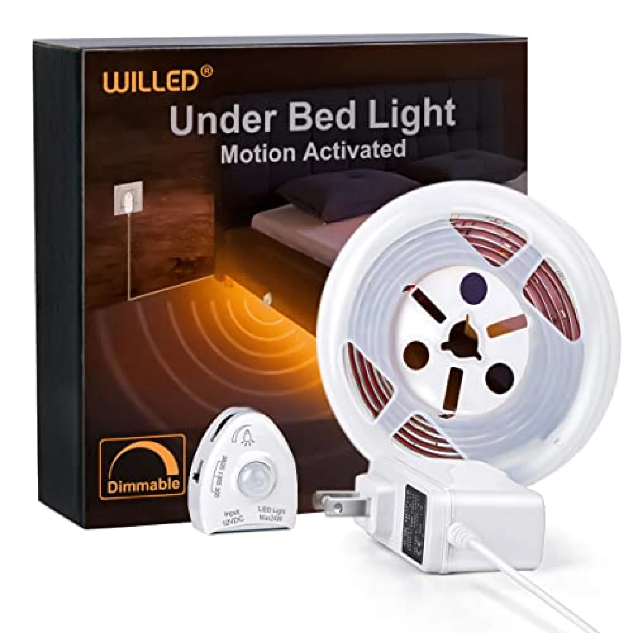 WILLED Under Bed Light, Dimmable Motion Activated Bed Light 5ft LED Strip with Motion Sensor and Power Adapter