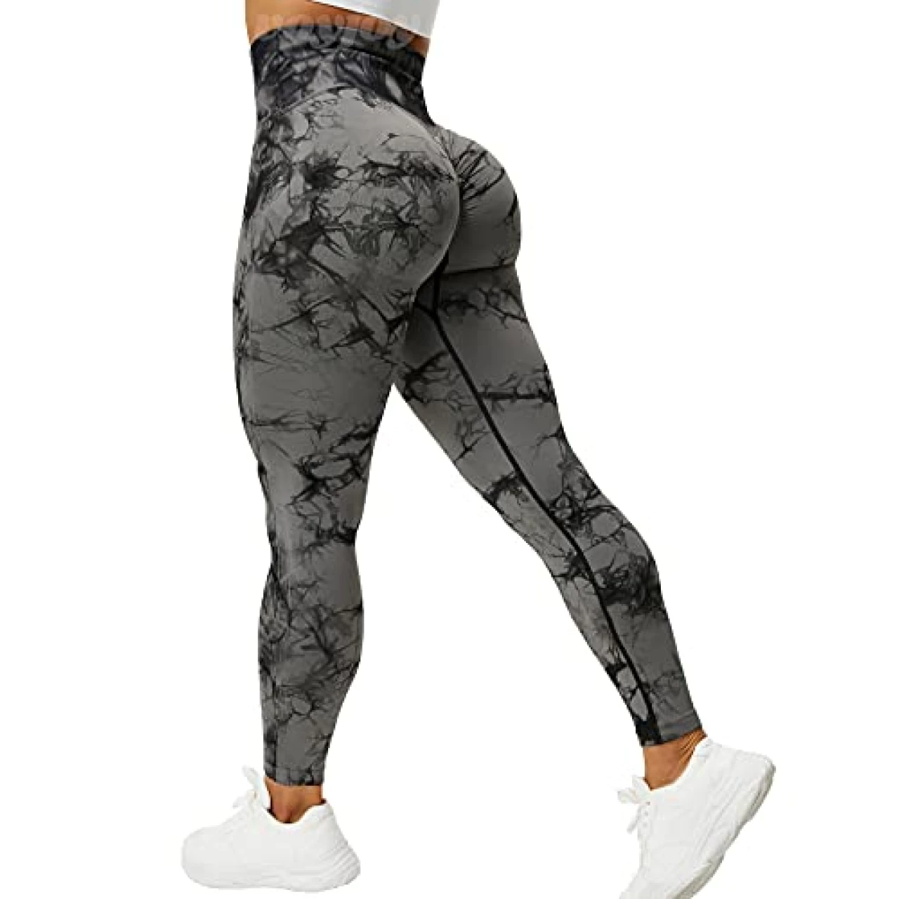 VOYJOY Tie Dye Seamless Leggings for Women High Waist Yoga Pants, Scrunch Butt Lifting Elastic Tights (#0 Black Gray, X-Small)