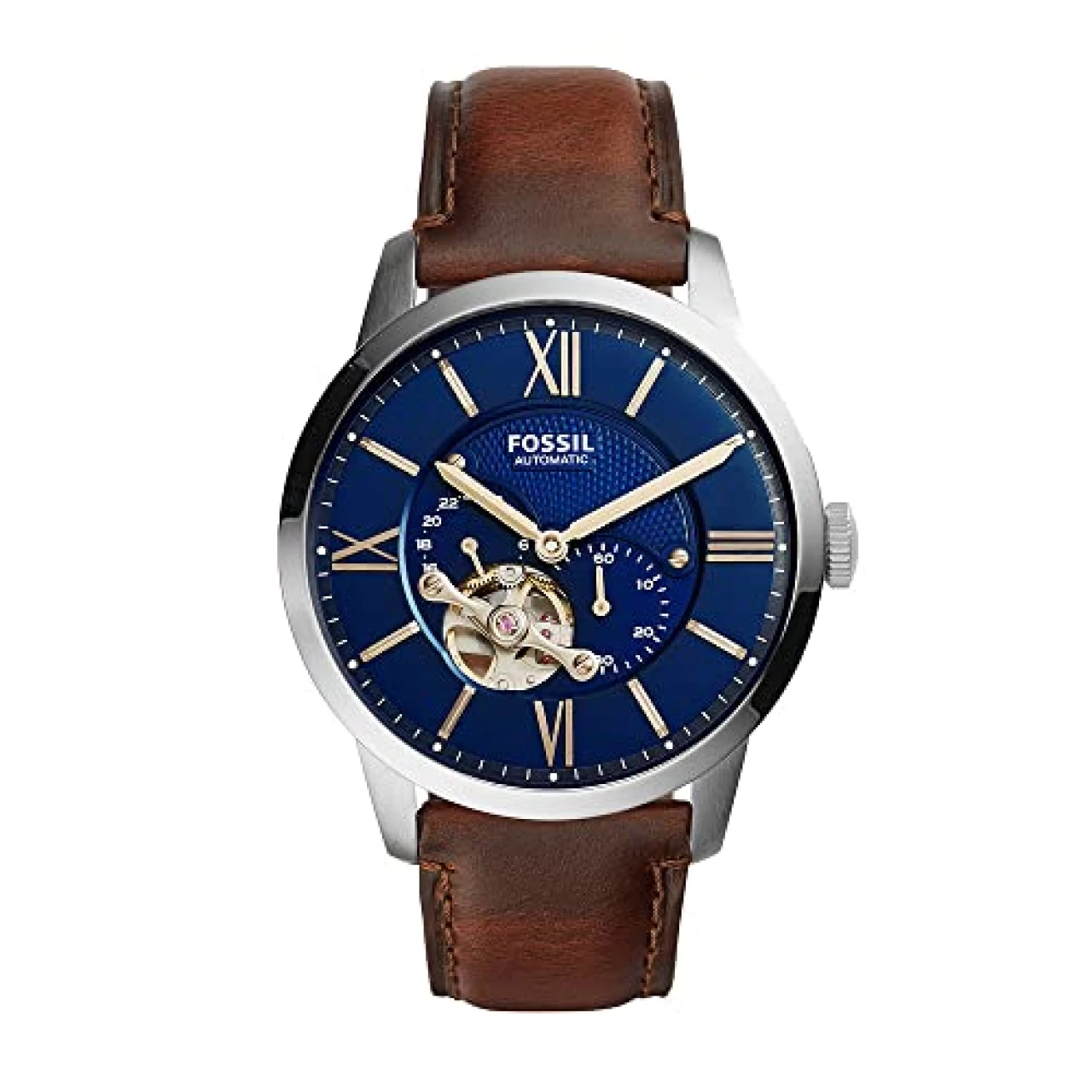 Fossil Men&rsquo;s Townsman Automatic Stainless Steel and Leather Two-Hand Skeleton Watch, Color: Silver, Brown (Model: ME3110)