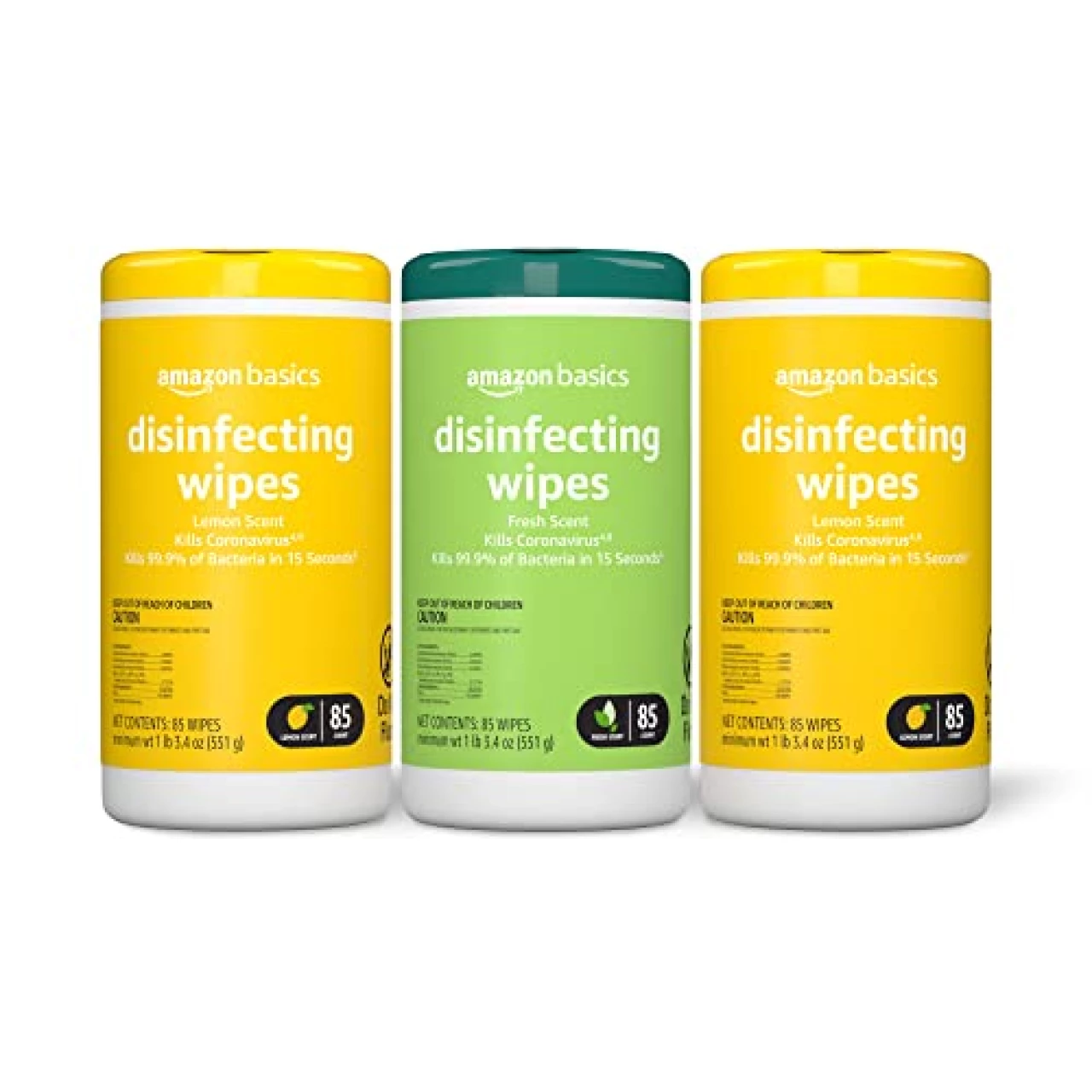 Amazon Basics Disinfecting Wipes, Lemon &amp; Fresh Scent, Sanitizes, Cleans, Disinfects &amp; Deodorizes, 255 Count (3 Packs of 85) (Previously Solimo) (Packaging May Vary)