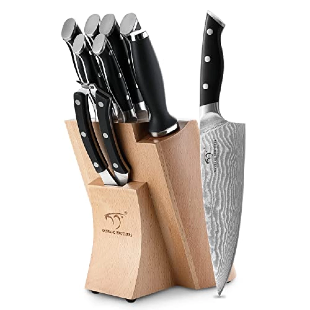 NANFANG BROTHERS Knife Set, 9 Pieces Damascus Kitchen Knife Set with Block, ABS Ergonomic Handle for Chef Knife Set, Knife Sharpener and Kitchen Shears, Knife Block Set for Chopping, Slicing &amp; Cutting