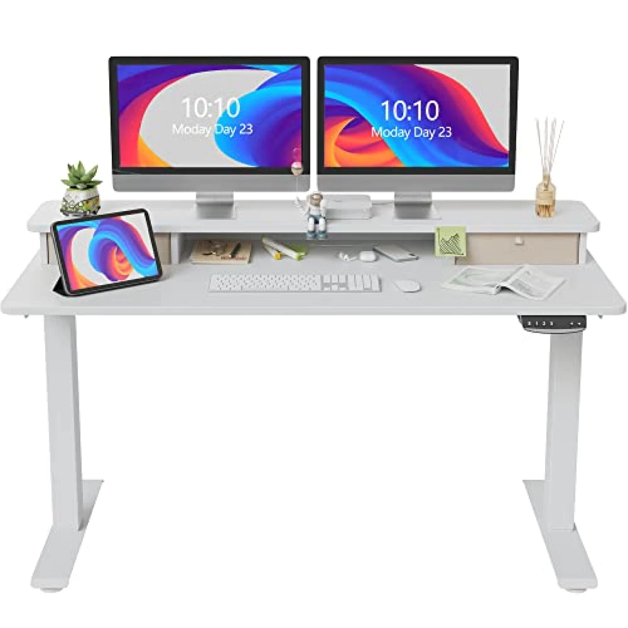 FEZIBO 55 x 24 Inch Height Adjustable Electric Standing Desk with Double Drawer, Stand Up Desk with Storage Shelf, Sit Stand Desk, White