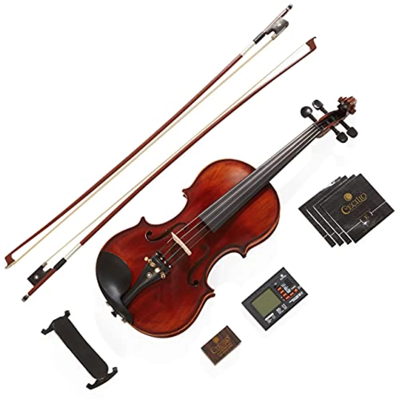 Mendini By Cecilio Violin - MV500+92D - Size 3/4, Black Solid Wood - Flamed, 1-Piece Violins w/Case, Tuner, Shoulder Rest, Bow, Rosin, Bridge &amp; Strings - Adult, Kids