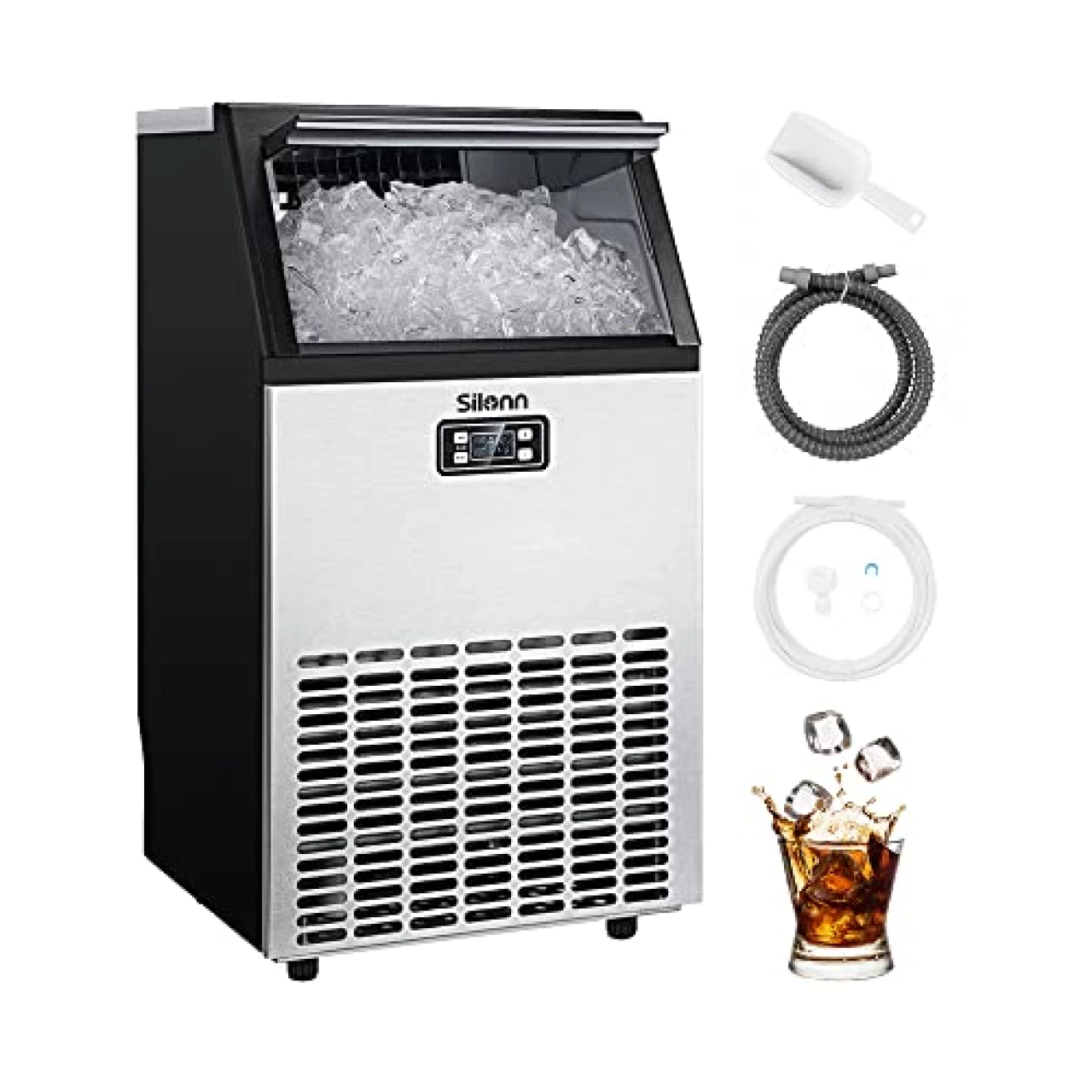 Silonn Commercial Ice Machines, Creates 100lbs in 24H, 33lbs Ice Storage Capacity, Stainless Steel Freestanding Ice Maker with Auto Self-Cleaning for Home Office Bar Parties (SLIM11)