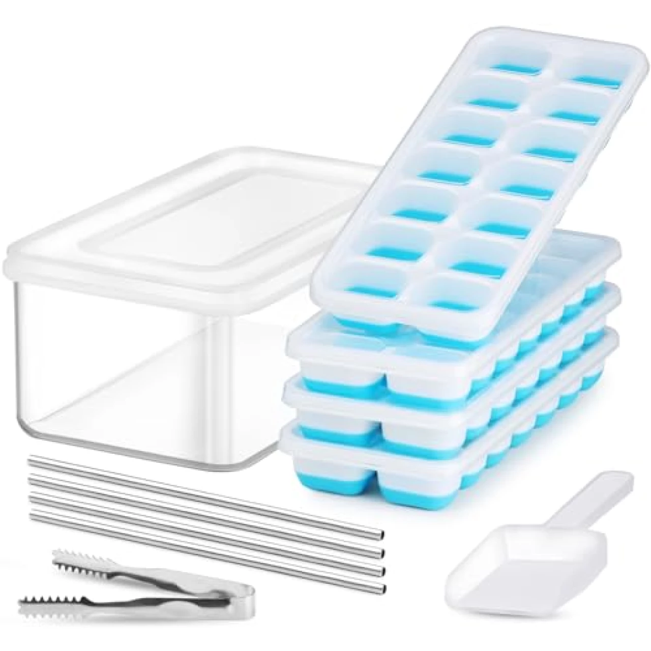 Ice Cube Tray with Lid and Bin, Jrisbo 4 Pack Silicone Easy-Release Ice Cube Trays