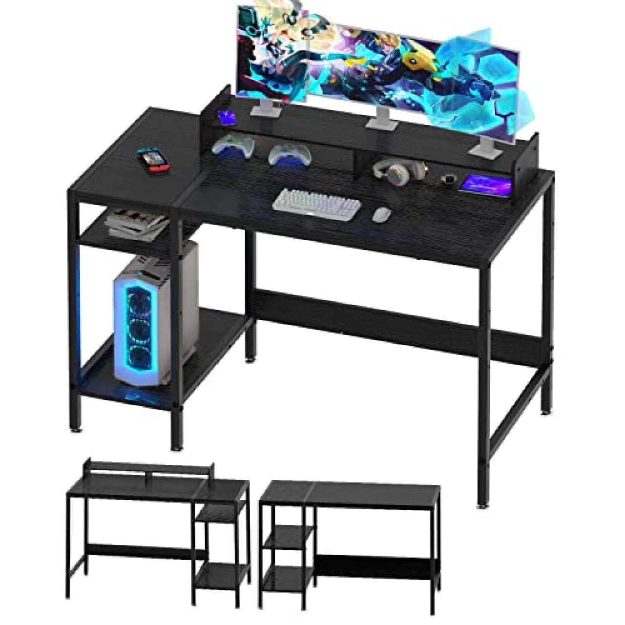 MINOSYS Computer Desk - 47” Gaming Desk, Home Office Desk with Storage, Small Desk with Monitor Stand, Writing Desk for 2 Monitors, Adjustable Storage Space, Modern Design Corner Table, Black.
