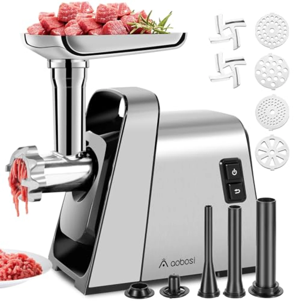 AAOBOSI Meat Grinder Electric, [3000W Max] Meat Grinder Heavy Duty with 2 Stainless Steel Blades &amp; 4 Grinding Plates