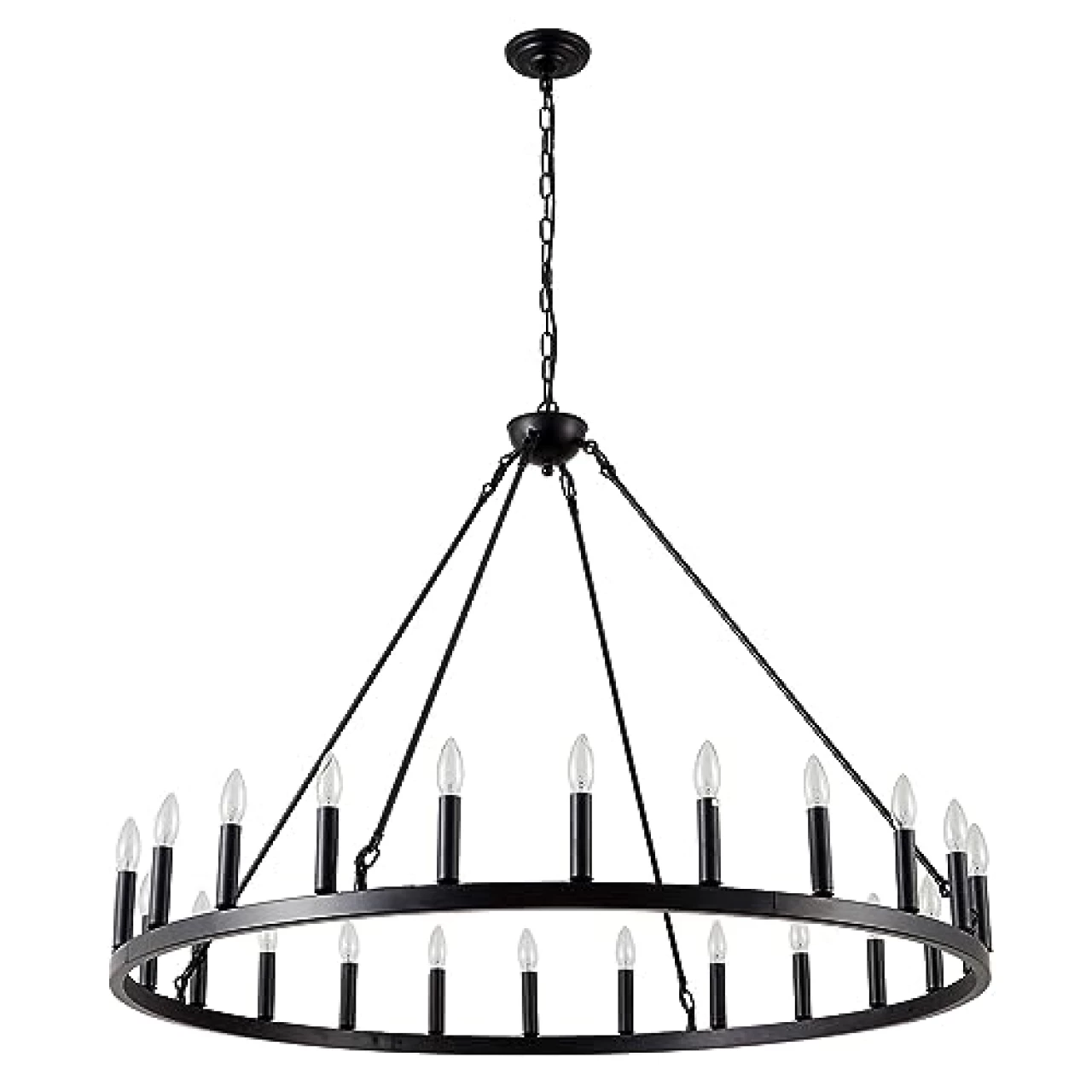 XILICON Wagon Wheel Lighting Round Chandelier for Dining Room Large Chandeliers for High Ceilings 48 Inch 24 Light Rustic Black Candle Farmhouse Pendant Light Fixture