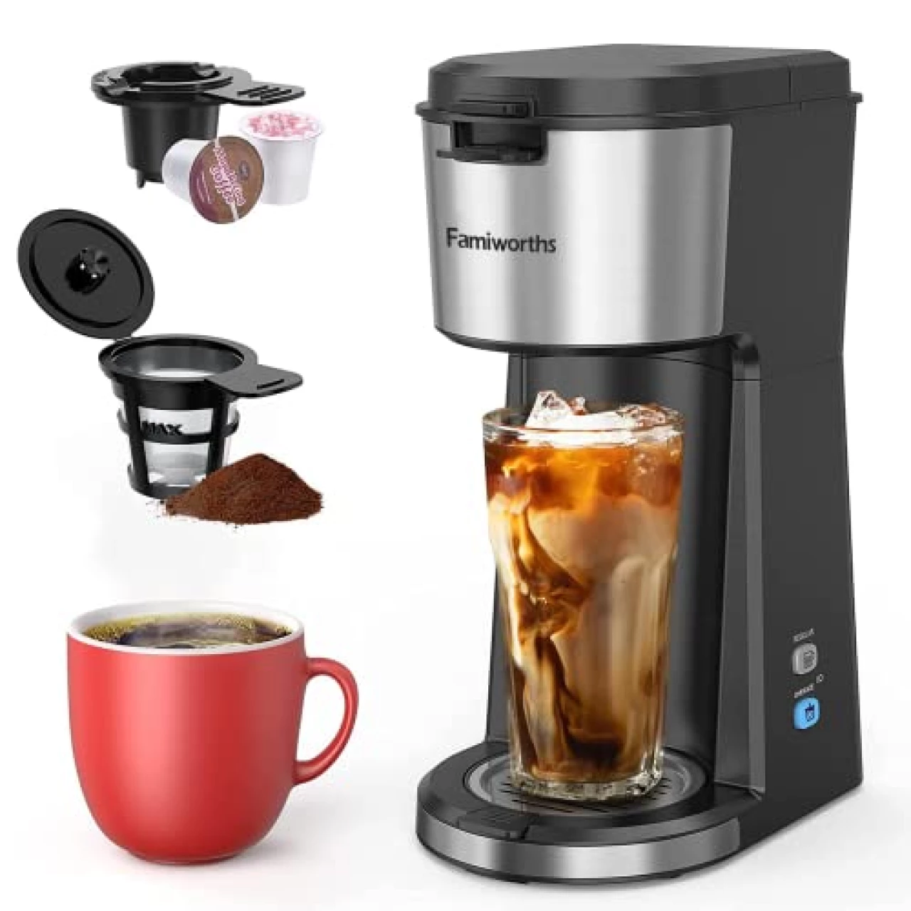 Famiworths Iced Coffee Maker, Hot and Cold Coffee Maker Single Serve for K Cup and Ground