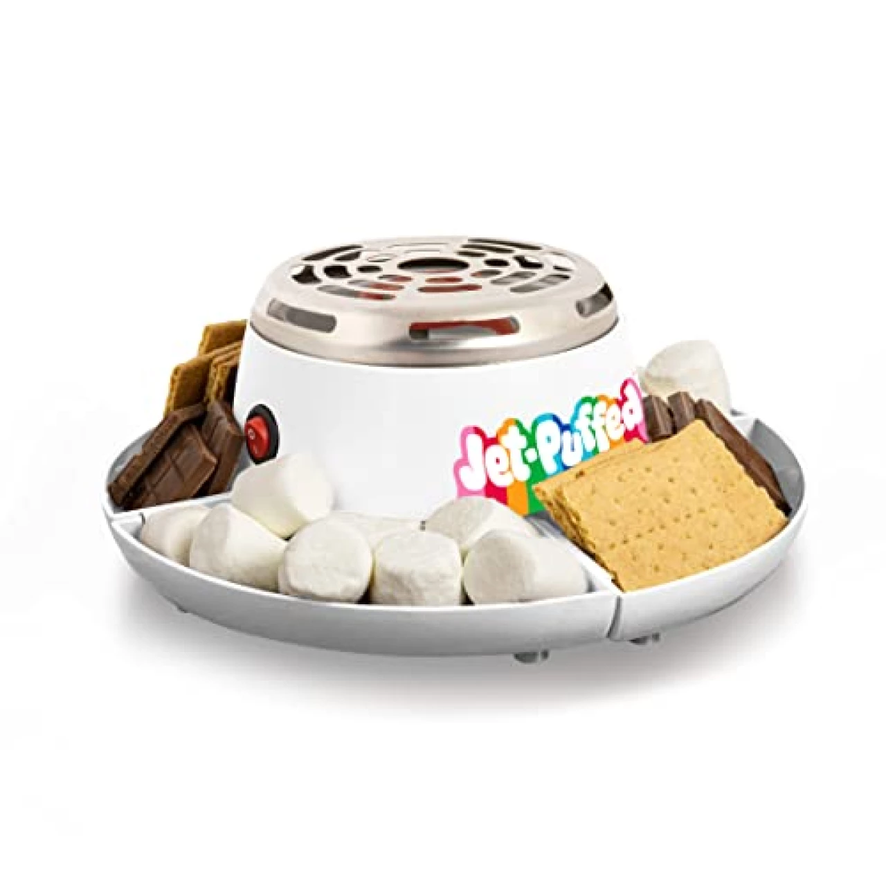 Nostalgia Jet-Puffed Tabletop Indoor Electric S&rsquo;mores Maker - Smores Kit With Marshmallow Roasting Sticks and 4 Compartment Trays for Graham Crackers, Chocolate, Marshmallows - White