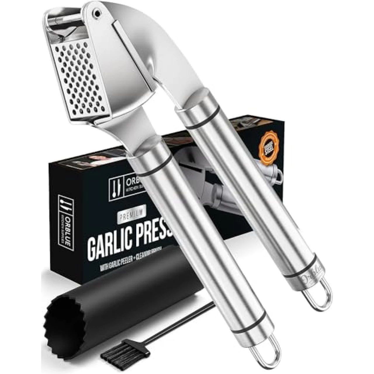 ORBLUE Garlic Press Stainless Steel - Premium Professional Grade Garlic Mincer, Crusher &amp; Peeler Set - Easy Clean, Dishwasher Safe &amp; Rust-proof