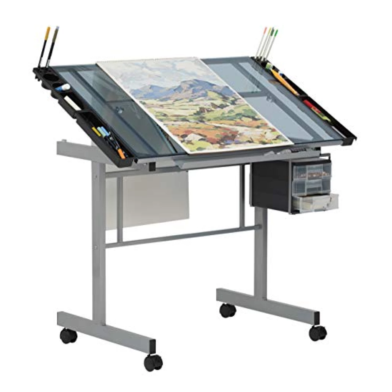 Studio Designs Vision Craft and Drawing Station - 35.5&quot; W by 23.75&quot; D Silver-Blue Glass Top Drafting Table with Pencil Drawers, Side Trays, &amp; Built-In Pencil Ledge - Angle Adjustable Work Surface