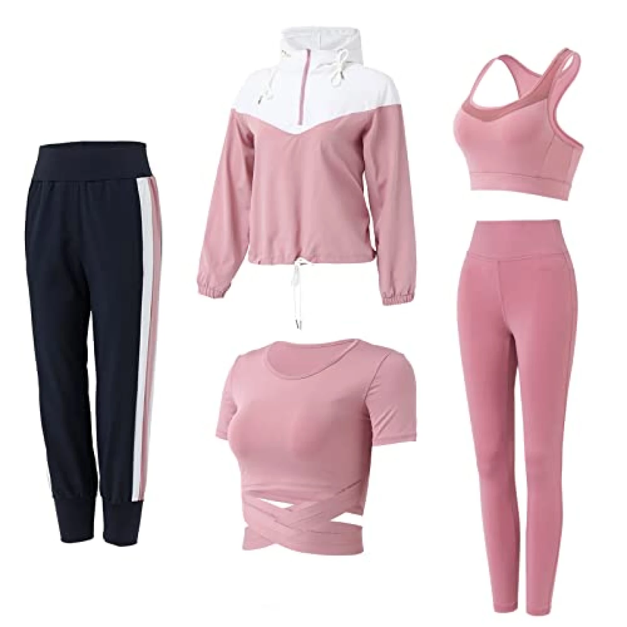 ZETIY Workout Sets for Women 5 PCS Yoga Outfits Running Fitness Activewear Tracksuit Sets - Pink - M