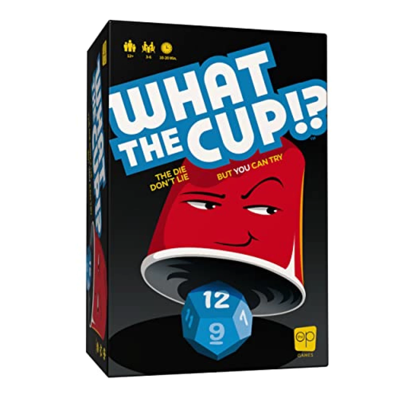 USAOPOLY What The Cup!? | Social Bluffing Dice Game | Featuring Handheld Dice Cups &amp; D12 Dice | Spy, Swap, Steal The Winning Cup | 3-6 Players, Ages 12+