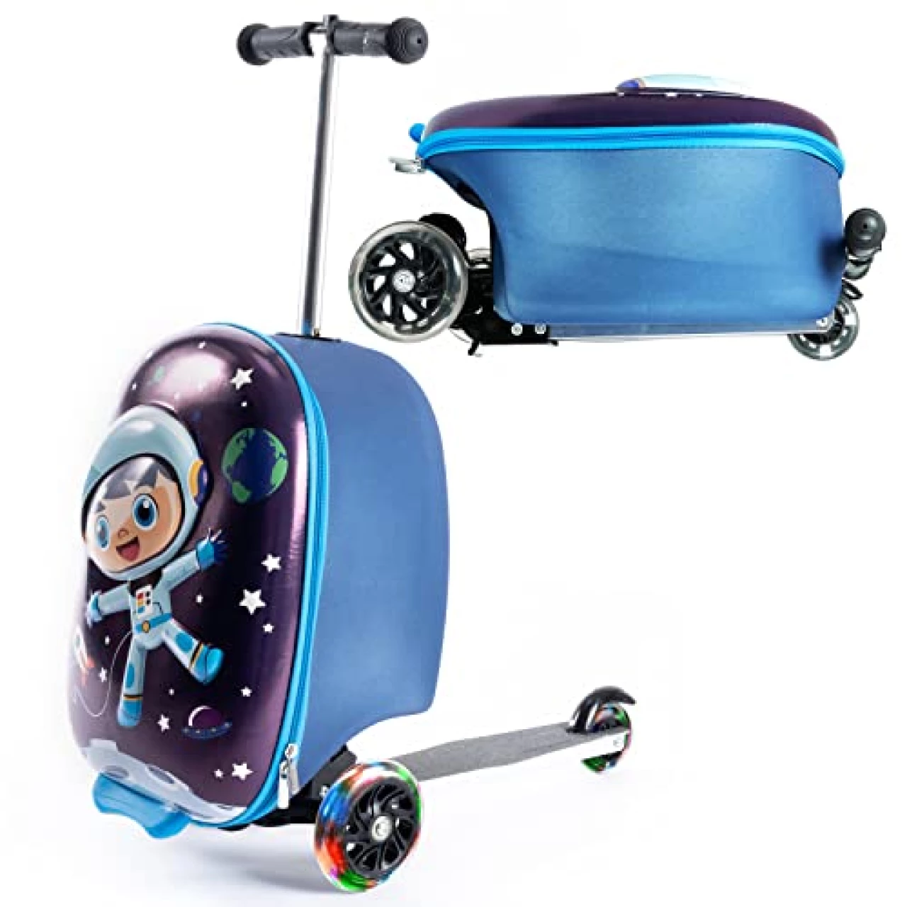 KIDDIETOTES 3-D Hardshell Ride On Suitcase Scooter for Kids - Cute Lightweight Kids Luggage with Wheels - Fun LED Lights