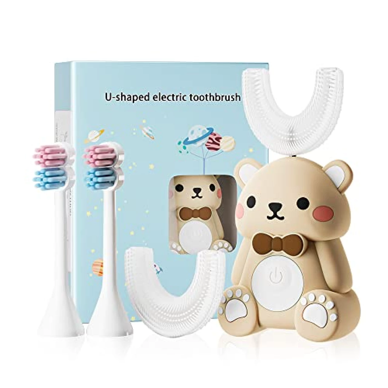 cabaro Kids Electric U-Shaped Toothbrush, 4 Brush Head Electric Toddler Toothbrush, 360 Automatic Toothbrush for Kids, 60s Smart Reminder, Ipx7 Waterproof, Brown Bear Age 2-12