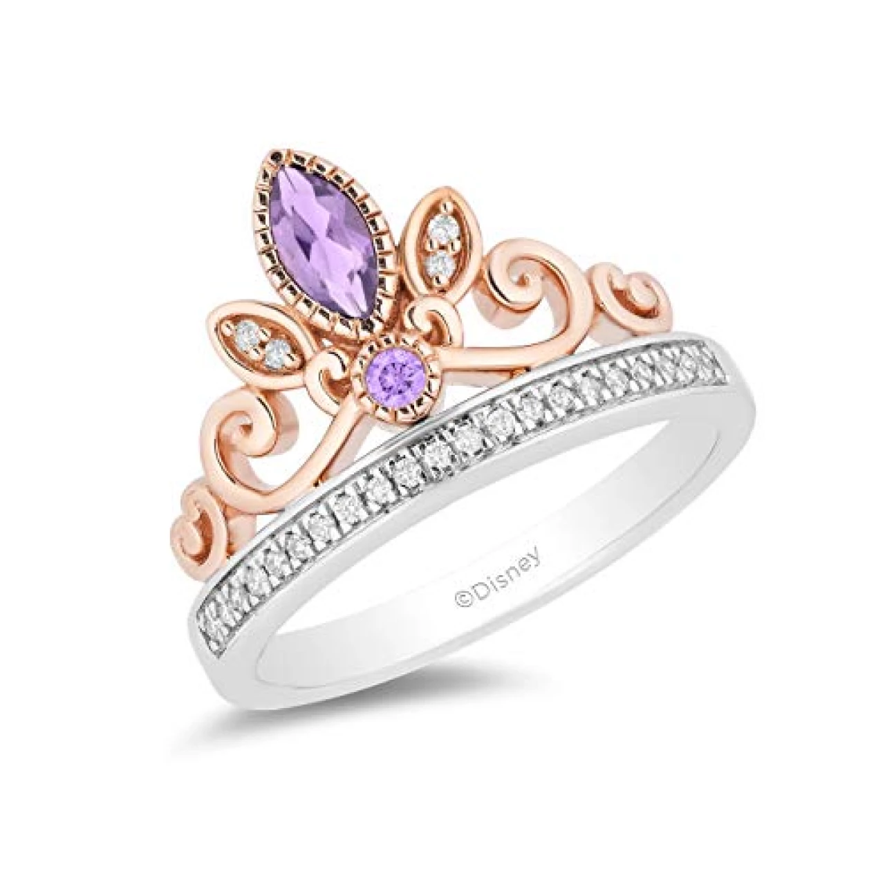 Jewelili Enchanted Disney Fine Jewelry 14K Rose Gold Over Sterling Silver With 1/10 Cttw Diamond Rose-De-France Rapunzel Tiara Ring, Size 5