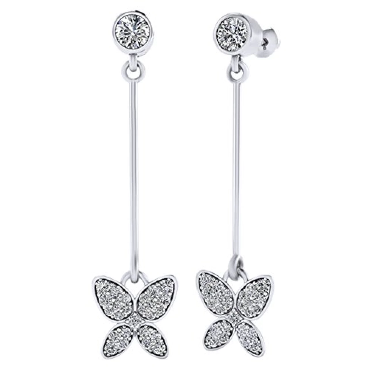 Round Cut White Natural Diamond Butterfly Dangle Earrings In 14K Solid White Gold