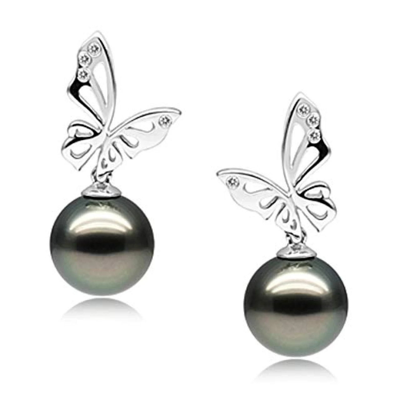 Butterfly Black 10-11mm AAA Quality Tahitian 14K White Gold Cultured Pearl Earring Pair