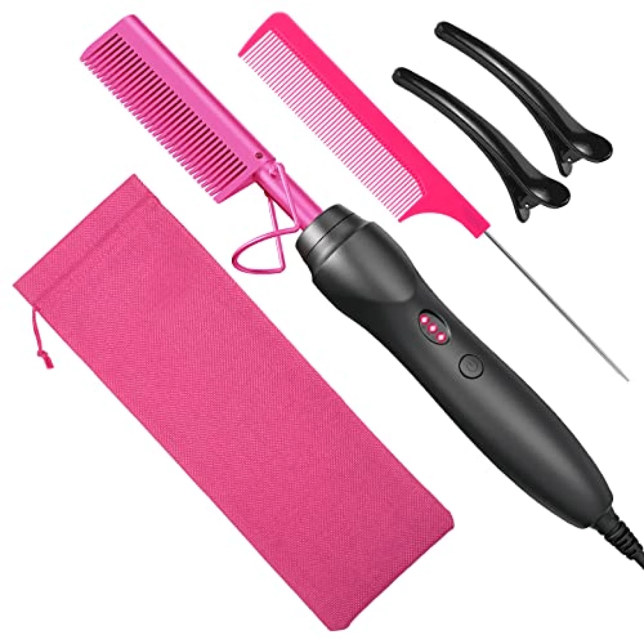 Hot Comb Hair Straightener Heat Pressing Combs - Ceramic Electric Hair Straightening Comb - Pink 3 In1