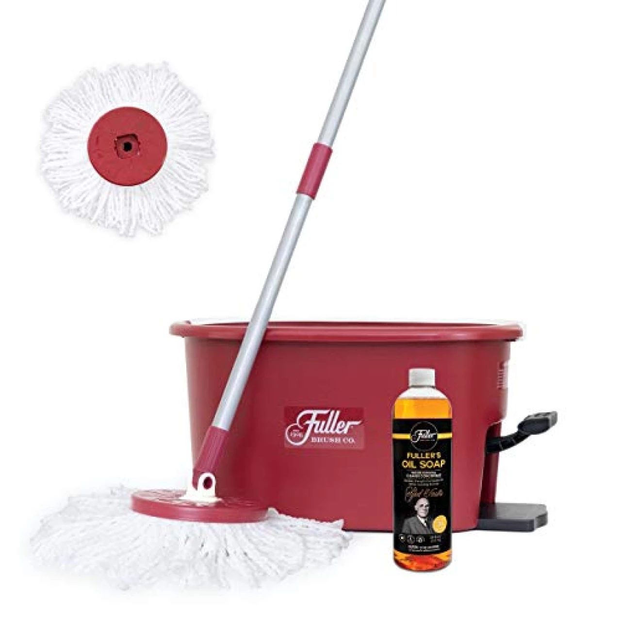 Fuller Brush Spin Mop Bucket System - Easy Wring, 360° Spin - Streak Free Floor Cleaning - 2 Microfiber Mop Heads – Plus Fuller’s Double Strength Oil Soap