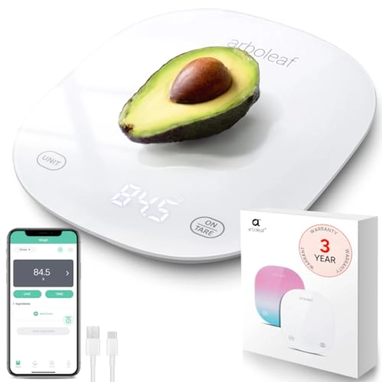 arboleaf Food Scale, 22lb/10kg Digital Kitchen Scale for Food Ounces and Grams, Smart Gram Scale for Weight Loss, 0.1oz/0.5g Small Rechargeable Food Weight Scale for Kitchen Gift, USB Scale