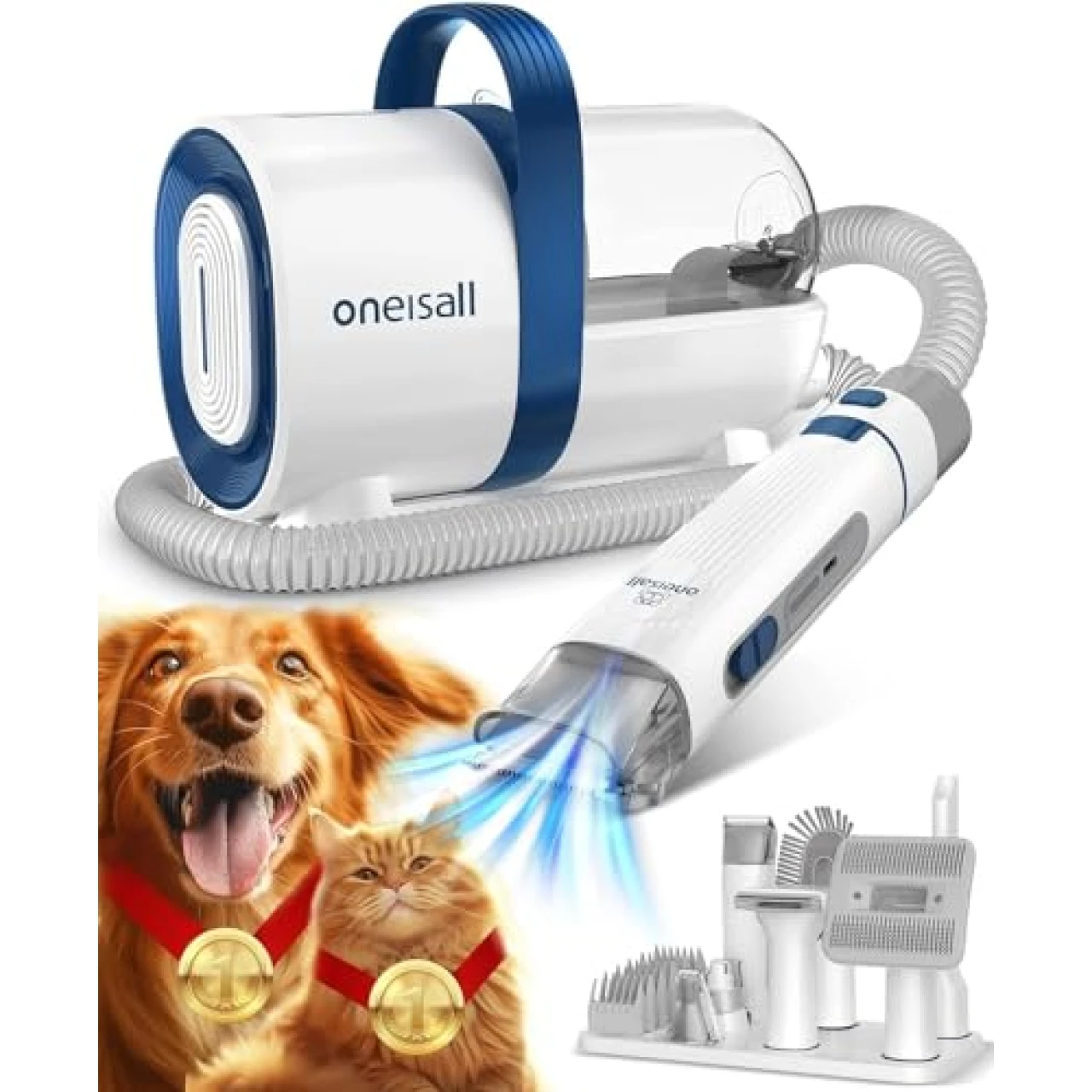 oneisall Dog Hair Vacuum &amp; Dog Grooming Kit, Pet Grooming Vacuum with Pet Clipper Nail Grinder, 1.5L Dust Cup Dog Brush Vacuum with 7 Pet Grooming Tools for Shedding Pet Hair, Home Cleaning