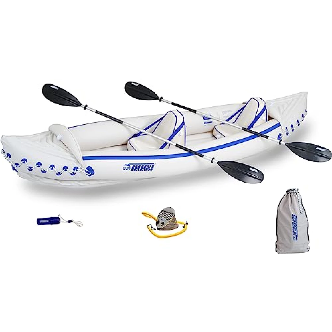 Sea Eagle 370K Pro 3-Person Inflatable Outdoor Water Sports Kayak Canoe Boat with Paddles, Adjustable Seats, Foot Pump, and Carrying Bag, White