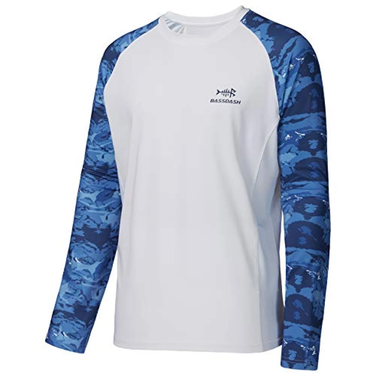 BASSDASH UPF 50 Fishing Tee for Men Camo Long Sleeve Shirt Quick Dry Sweatshirts (White/Abstract Blue Marble, S)