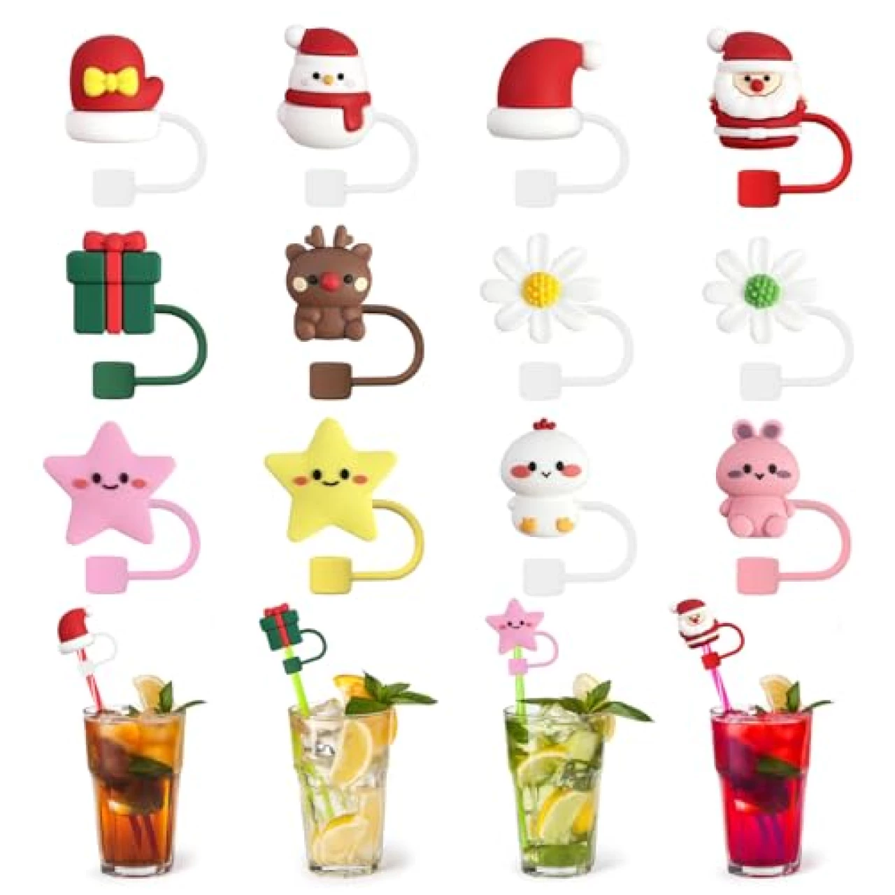 HFYZZ 12Pcs Straw Covers,10mm Christmas Theme Cute Cartoon Silicone Straw Toppers