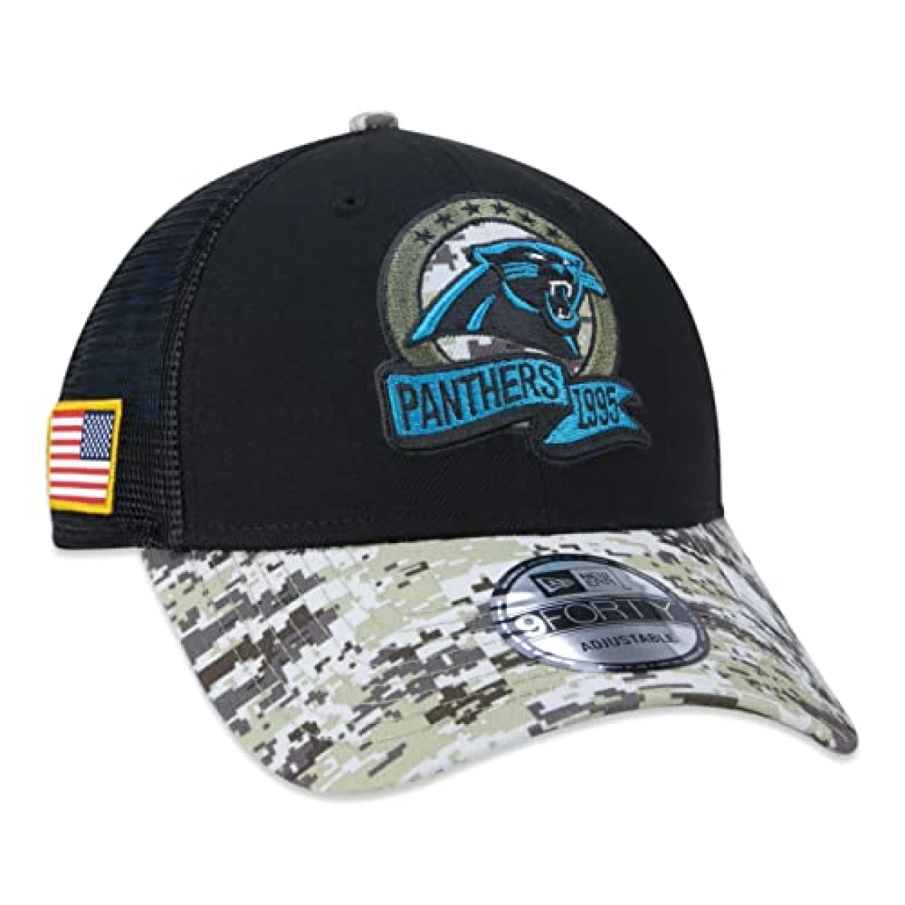 New Era Men&rsquo;s Black/Carolina Panthers 2022 Salute to Service 9FORTY Snapback Trucker Hat