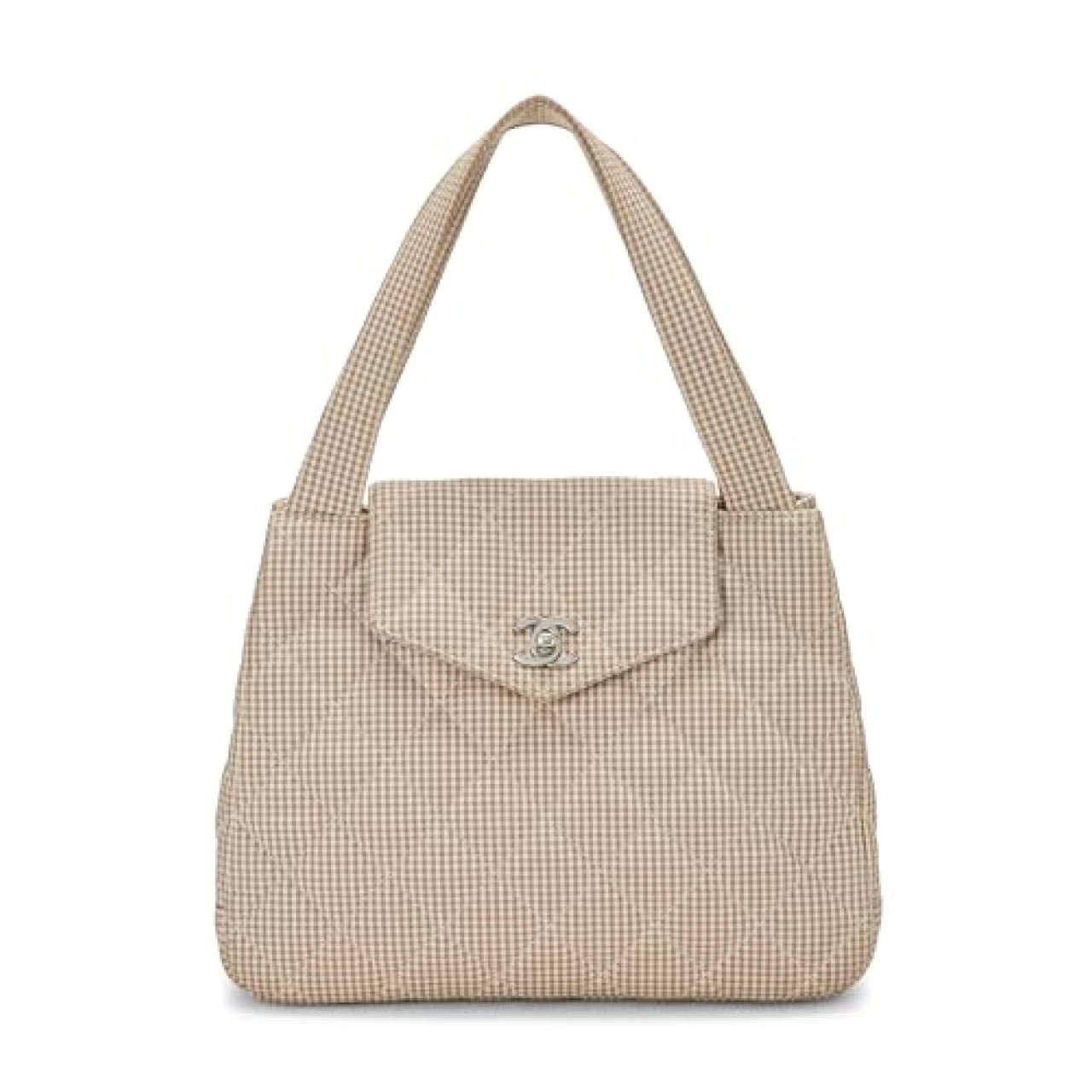 Chanel, Pre-Loved Beige &amp; White Gingham Canvas Handbag, Beige