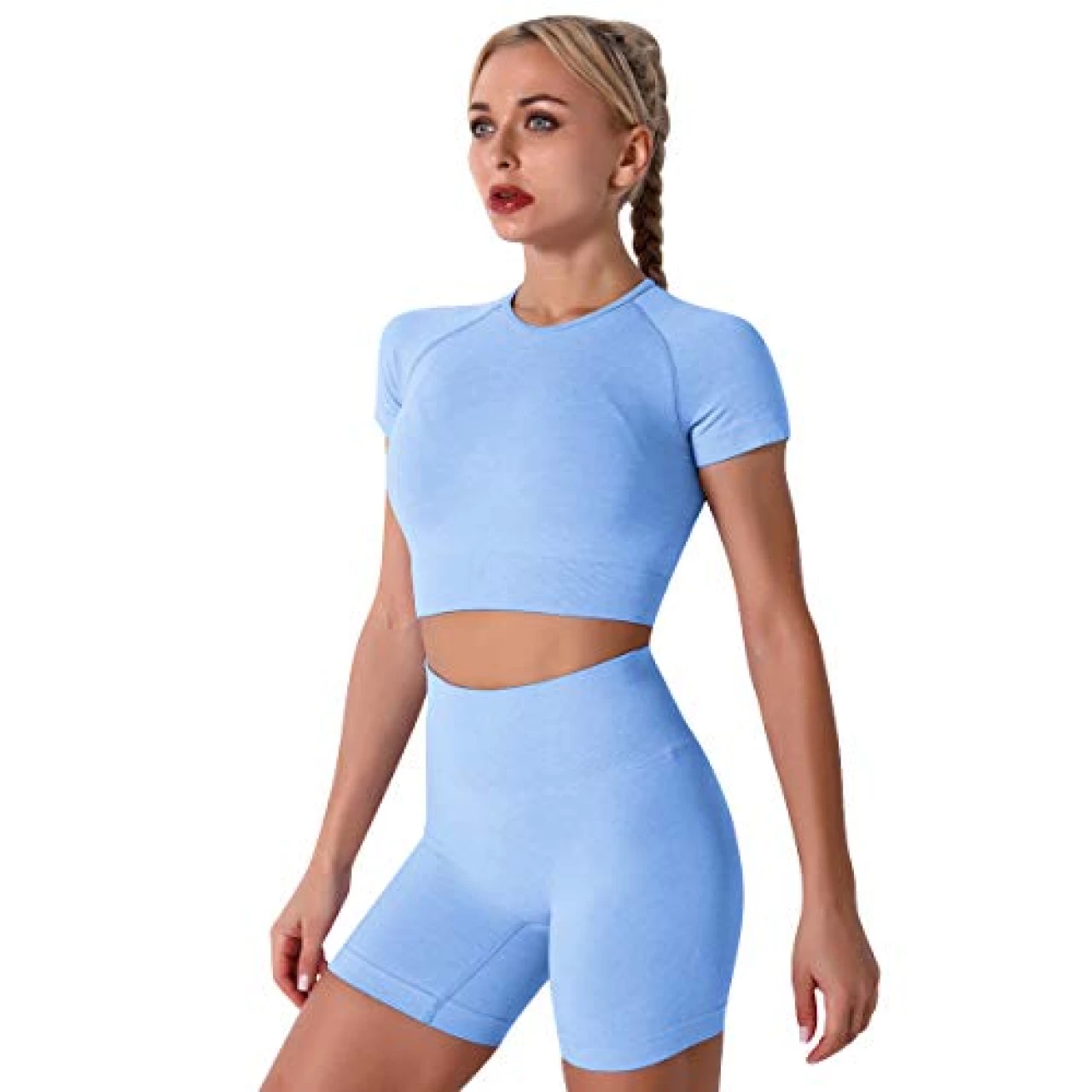 IWEMEK Yoga Outfits for Women 2 Piece Workout Sets Seamless Tummy Control Yoga Leggings Running Biker Shorts and Short Sleeve Crop Tops Athletic Gym Clothes Light Blue Small