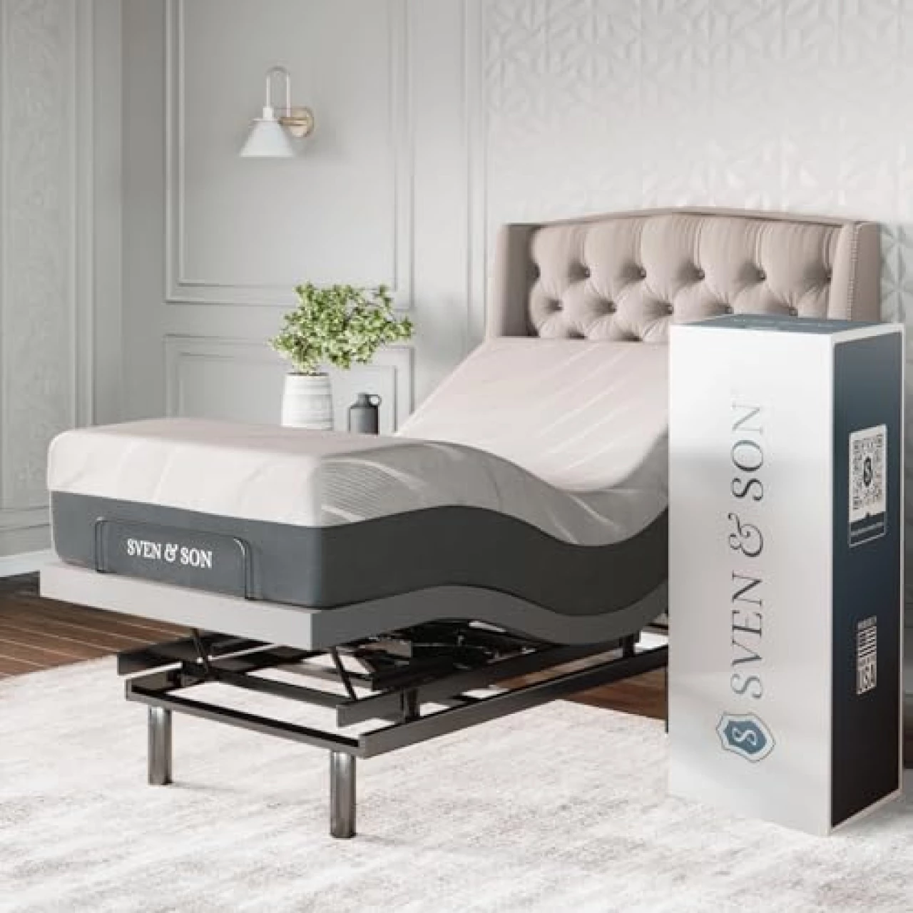 Sven &amp; Son Platinum Adjustable Bed Base-Frame + 14 inch Hybrid Spring Matt (Medium Soft), Lumbar Support, Head-Pillow-Tilt, Massage, Under-Bed Lights, USB - Twin XL